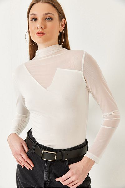 Bianco Lucci Damen-Bluse aus Tüll mit detailliertem Sandy-Stoff und V-Ausschnitt 7214 60261334
