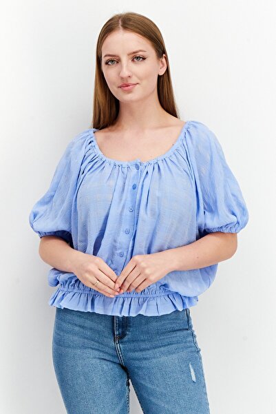 French Connection Women Scoop Neck Puffed Sleeve Peasant Top, Blue