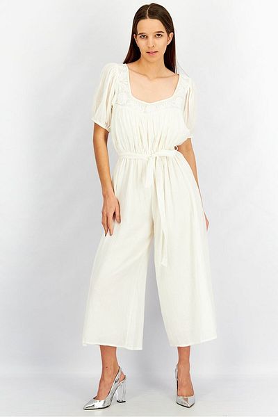 Asos Design Women Petite Embroidered Detail Short Sleeves Jumpsuit, Off White