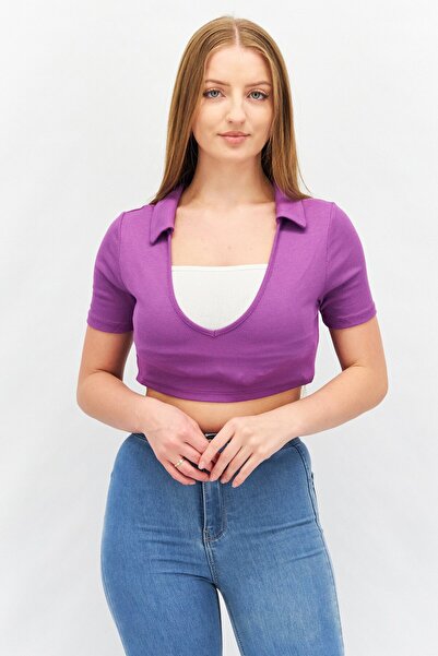 I Saw It First Women V Neck Short Sleeve Ribbed Crop Top, Purple