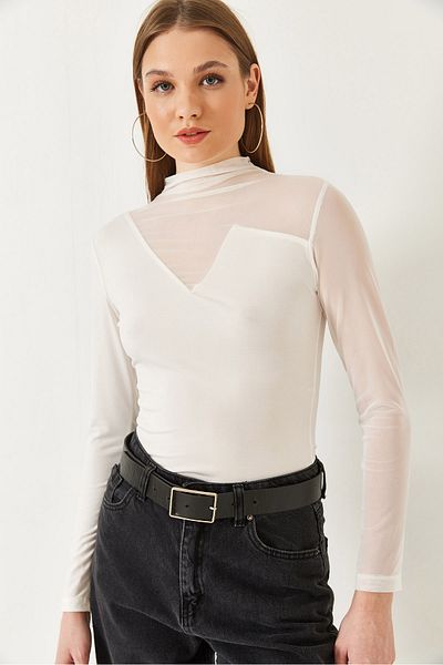 Bianco Lucci Damen-Bluse aus Tüll mit detailliertem Sandy-Stoff und V-Ausschnitt 7214 60261334