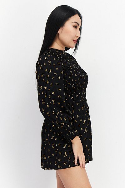 Asos Design Women Petite Floral Print Long Sleeve Playsuit, Black Combo