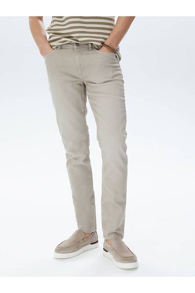 Kip Khaki Slim Fit Denim Cotton Blended Trousers
