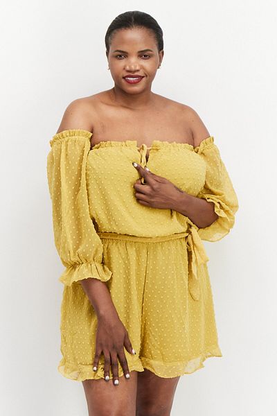 BOOHOO Women Textured Long Sleeve Playsuit, Yellow