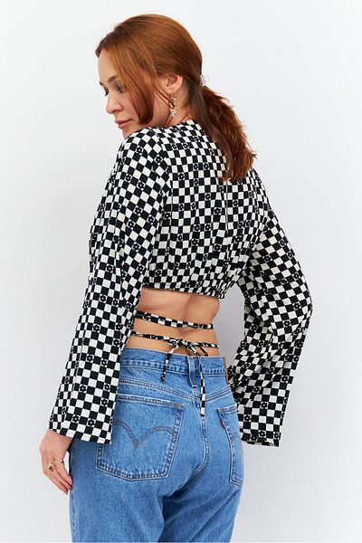 Violet Romance Women Surplice Neck Long Sleeve Checkered Crop Top, Black