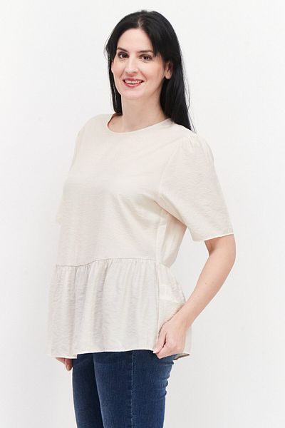 TAIFUN Women Round Neck Shorts Sleeve Plain Blouse, Tan