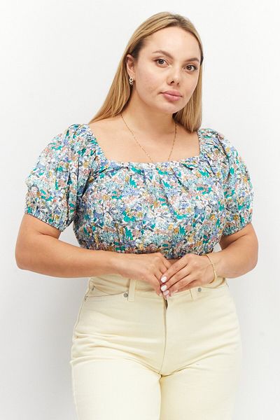 INFLUENCE Women Square Neck Short Sleeves Floral Print Top, Green Combo