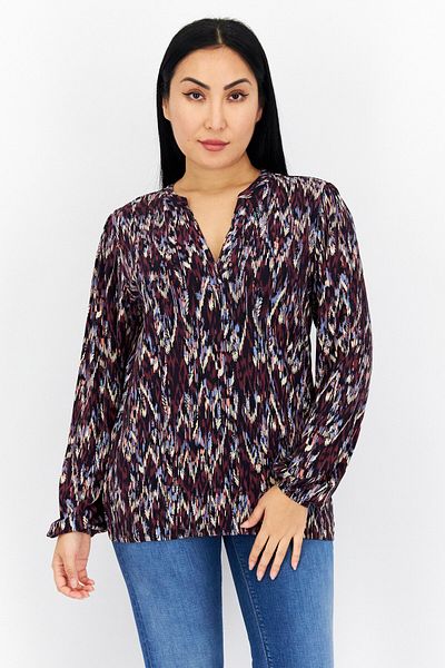 s.Oliver Women V-neck Long Sleeve Allover Print Blouse, Navy