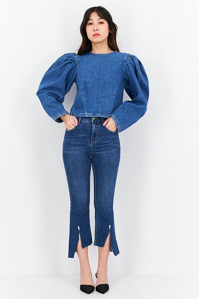 NA-KD Women Crew Neck Long Sleeves Wash Denim Blouse, Blue