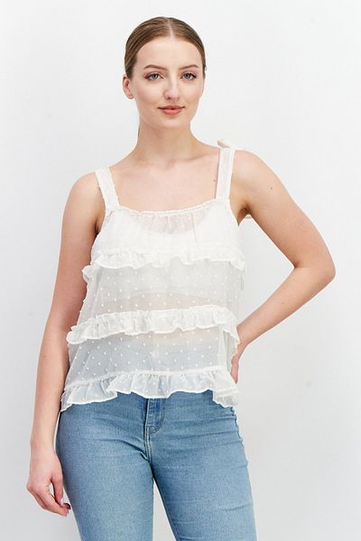 VILA Women Square Neck Sleeveless Textured Top, White