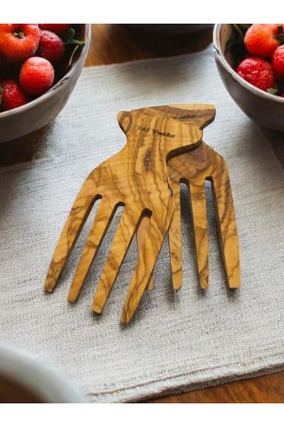 F&S WoodArt خشب زيتون إدميت مصنوع يدويًا - طقم سلطة مكون من قطعتين، شوكة تقديم مقاس 15 × 7 سم