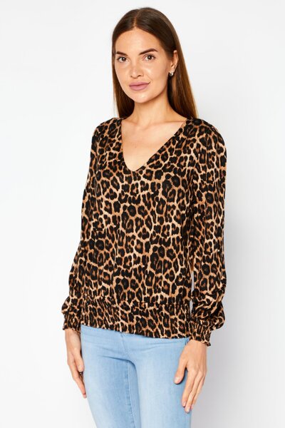 Michael Kors Women Petite V Neck Long Sleeve Animal Print Blouse, Brown