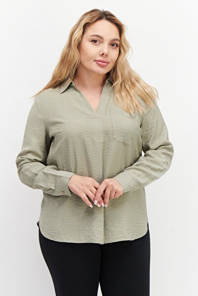 ZERO قميص نسائي بياقة واسعة وأكمام طويلة ومزخرف، زيتوني