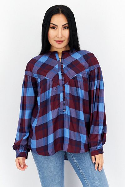 s.Oliver Women Crew Neck Long Sleeve Plaid Top, Maroon Combo