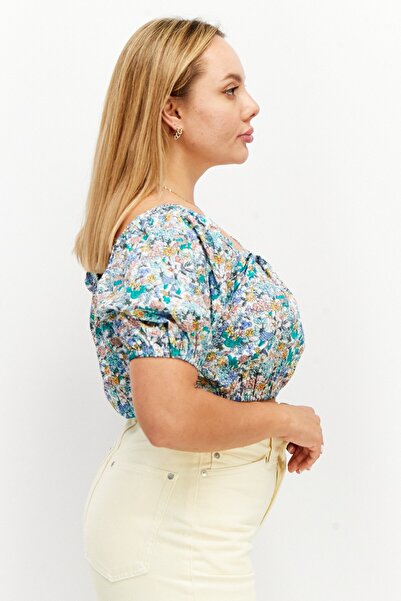 INFLUENCE Women Square Neck Short Sleeves Floral Print Top, Green Combo