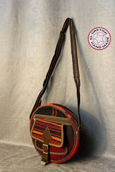Uretti - Geantă de cruce pentru femei/bărbați cu buzunar frontal rotund cu model etnic Husyin 1361 - 25 X 25 cm