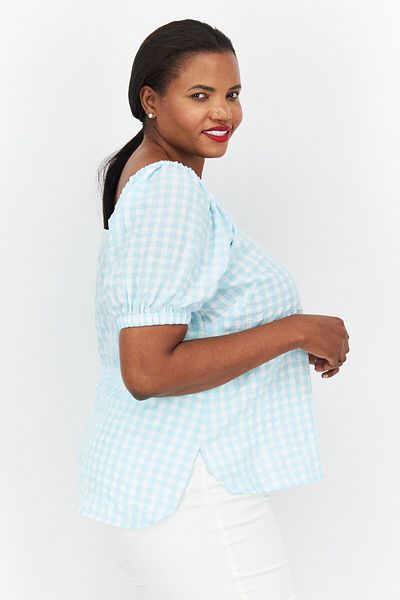Anne Klein Women Plus Size Square Neck Short Sleeve Checkered Top, Turquoise