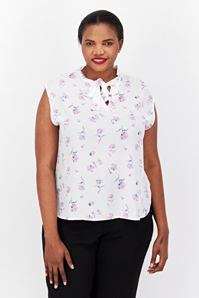 Bar III Women Plus Size Tie Neck Sleeveless Floral Pattern Top, White Combo