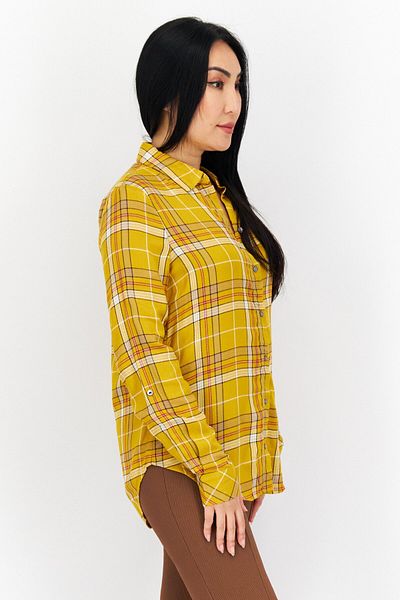 s.Oliver Women Spread Collar Plaid Long Sleeves Blouse, Orange Combo