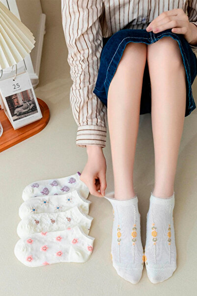 Esinti 5 Çift Kadın Bilek Boy Çiçek Desenli Beyaz Renkli Kabartmalı Patik Çorap Seti 5 Adet