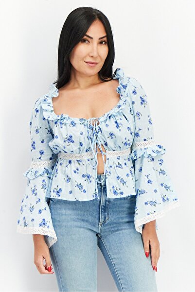 ASOS Women Tie Neck Bell Sleeves Floral Print Crop Top, Blue