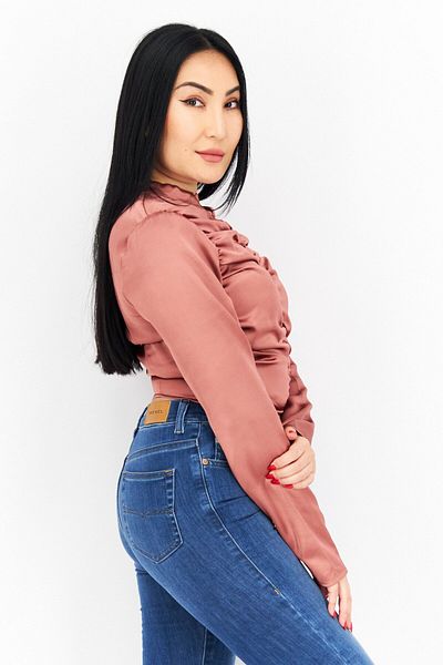 NA-KD Women Crew Neck Textured Long Sleeves Blouse, Brown