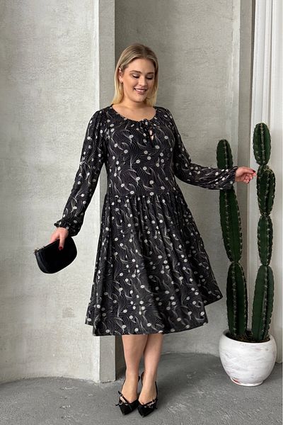 Stil Diva Plus Size Long Sleeve Lacing Detail Print Dress 100-73