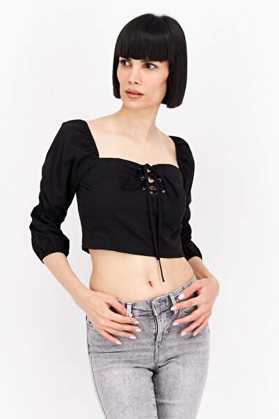 Missguided Women Square Neck Long Sleeves Crop Top, Black