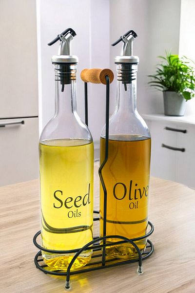 Digithome Luxe Set of 2 Black Metal Stand Oil Pot with Wooden Handle Glass Oil Pot with Label 750 ml Cys-11