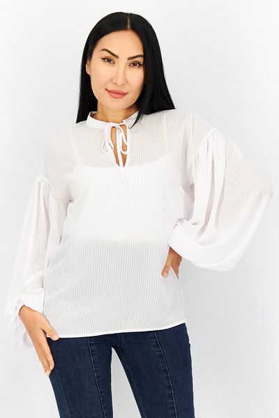 NA-KD Women Tie Neck Long Sleeve Solid Blouse, White