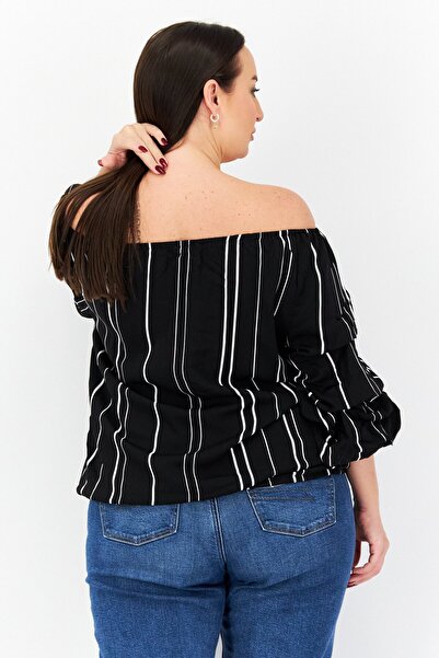 Vince Camuto Women Off Shoulder Short Sleeves Striped Blouse, Black