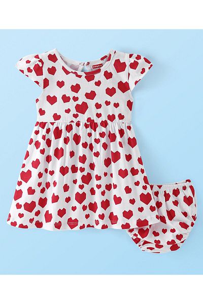 Babyhug فستان Babyhug من قماش الجيرسي المحبوك بأكمام قصيرة مع طبعة قلوب على شكل بلومر - أبيض وأحمر