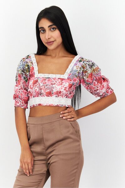 Hope & Ivy Women Square Neck Long Sleeves Floral Print Top, Multicolor