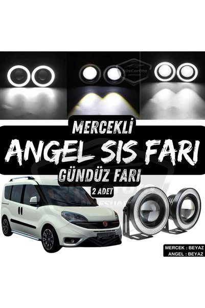 caralp Fiat Doblo D4 2015-2021 Uyumlu Mercekli Angel Sis Farı Metal 76 mm Beyaz Halkalı Gündüz Farı 2 Adet