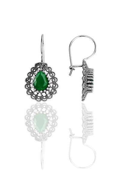 Söğütlü Silver Gümüş kök zümrüt taşlı oksitli telkari işlemeli damla küpe SGT...