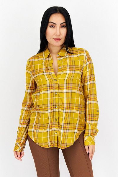 s.Oliver Women Spread Collar Plaid Long Sleeves Blouse, Orange Combo