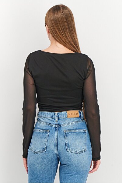 NA-KD Women V-neck Long Sleeve Mesh Top, Black