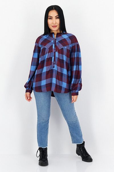s.Oliver Women Crew Neck Long Sleeve Plaid Top, Maroon Combo