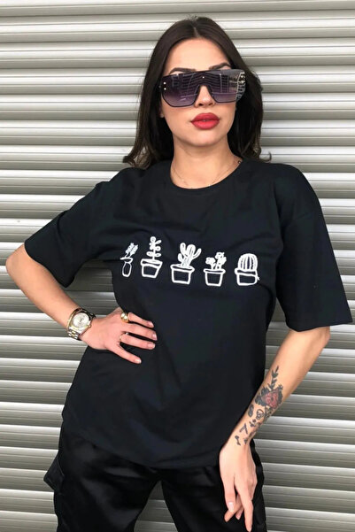 FECCY Tricou oversize negru pentru femei, din bumbac, cu imprimeu cactus