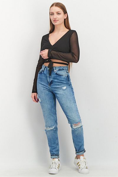 NA-KD Women V-neck Long Sleeve Mesh Top, Black