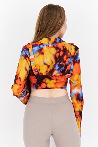 NA-KD Women Notched Collar Long Sleeve Tie Dye Blouse, Orange