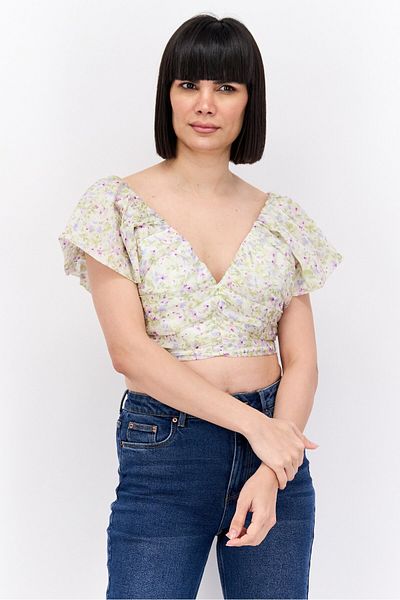 Forever New Women V-neck Cap Sleeve Floral Print Crop Top, Mint Combo