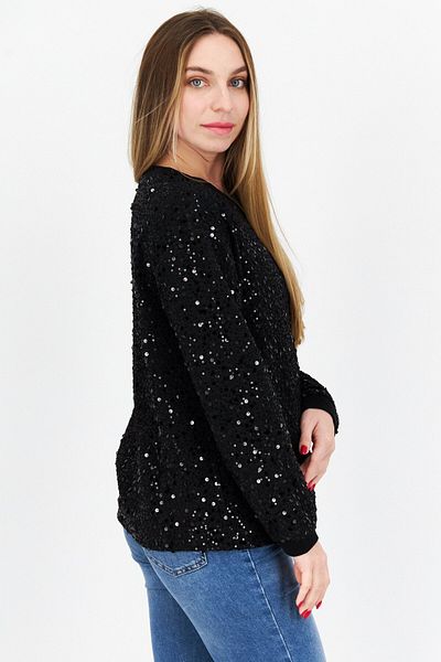 comma Women Round Neck Long Sleeves Textured Top, Black
