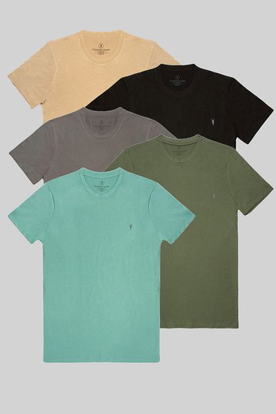 COMBİNE MİCHAİL Ανδρικό T-shirt Slim Fit Crew Neck - Σετ 5 μπεζ, μαύρο, καπνό, χακί, χρώμα Cagla