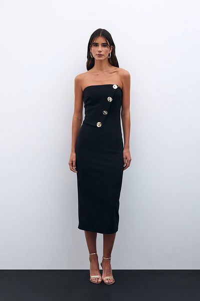 Sateen Rochie fără bretele cu accesorii cu nasturi - neagră