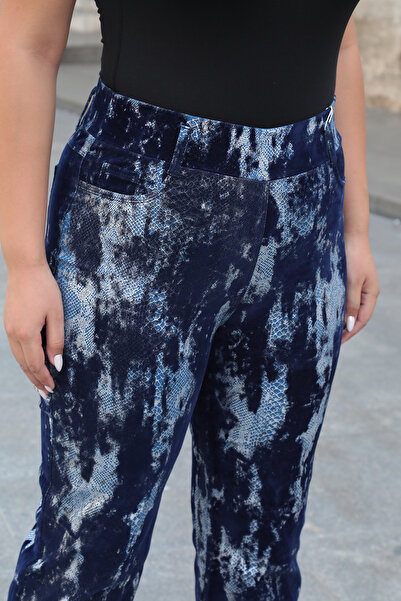 EXİTLİNE Indigo Navy Blue Women's Trousers - Leaf Printed