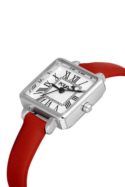 Polo Air Kare Kasa Deri Kordon Kadın Kol Saati Kırmızı-Gümüş PL-1484B4