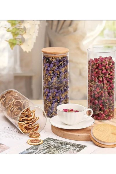 Generic Brand طقم بقالة مستديرة فاخرة بسعة 1100 مل مع غطاء من الخيزران