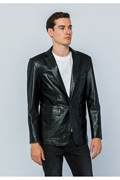 Basics&More سترة بليزر من الجلد الطبيعي للرجال - Eblazer