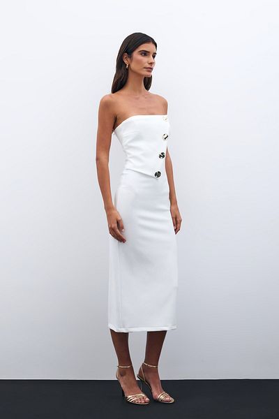 Sateen Strapless Dress with Button Accessories - Ecru